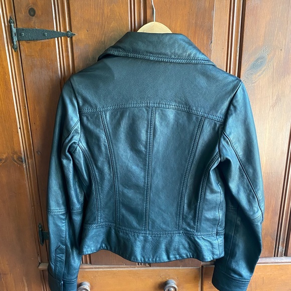 AllSaints black leather jacket. Fully lined, front zip, buckle and snap details. - Picture 4 of 11